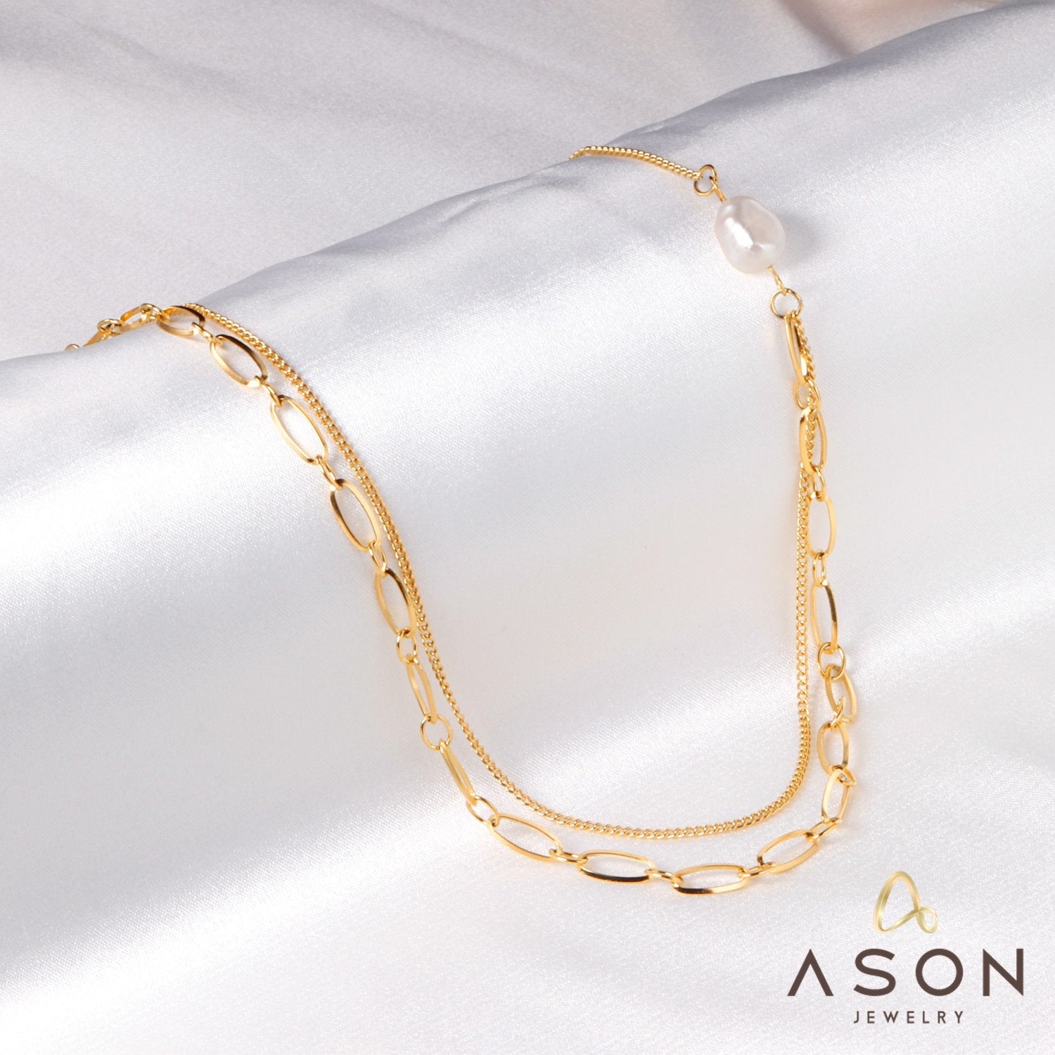 ASON Vintage Imitation Pearl Multi-layer Chains Necklace Gold Color Stainless Steel for Women Fashion Jewelry Chokers Sweet asonjewelry