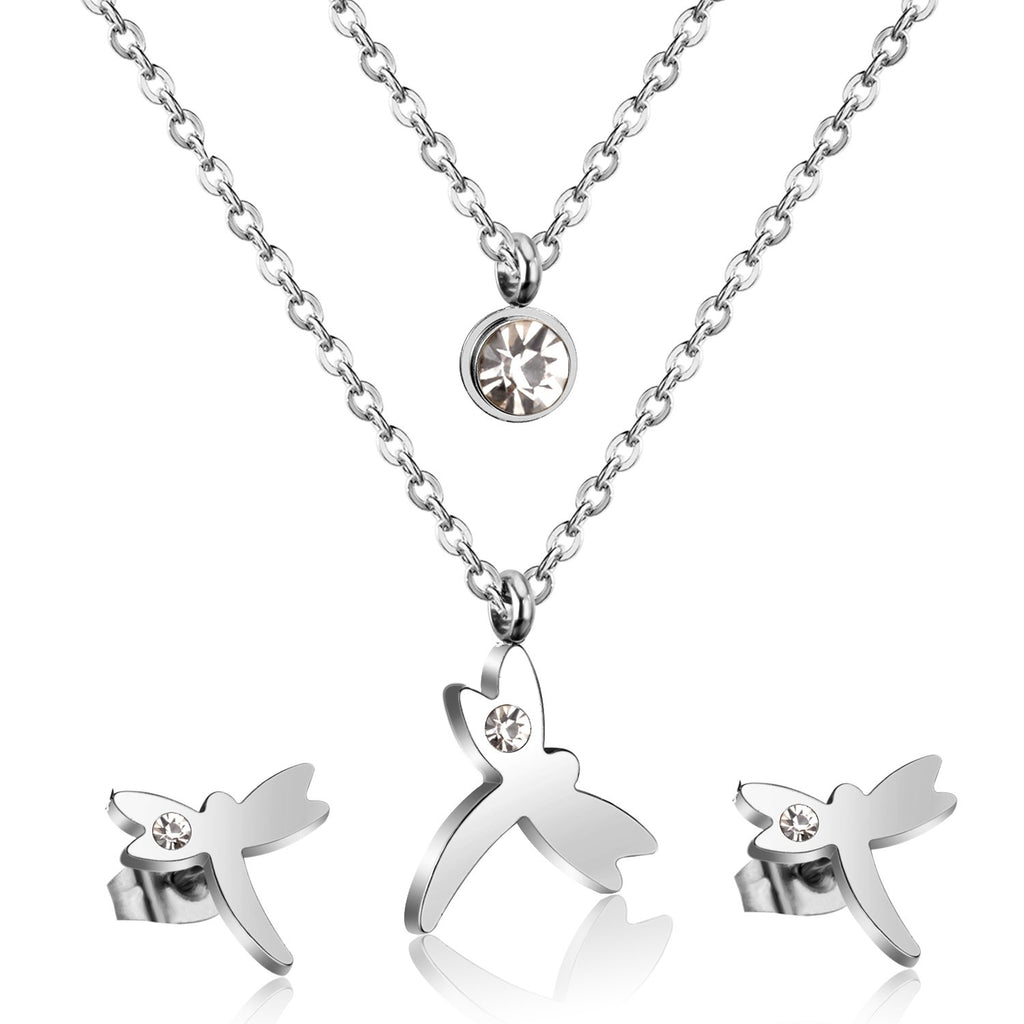 ASON Fashion 316L Stainless Steel Gold Bridal Wedding Jewelry Set for Women Dragonfly Necklace Pendant Small Stud Earring
