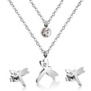 ASON Fashion 316L Stainless Steel Gold Bridal Wedding Jewelry Set for Women Dragonfly Necklace Pendant Small Stud Earring
