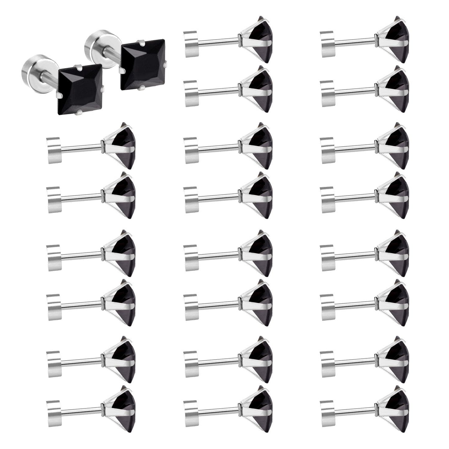 12 pair ASON 3-7mm Square Cubic Zirconia Screw Piercing Stud Earring Set Gold Color for Women Girl Men Ear Stainless Steel Jewelry asonjewelry