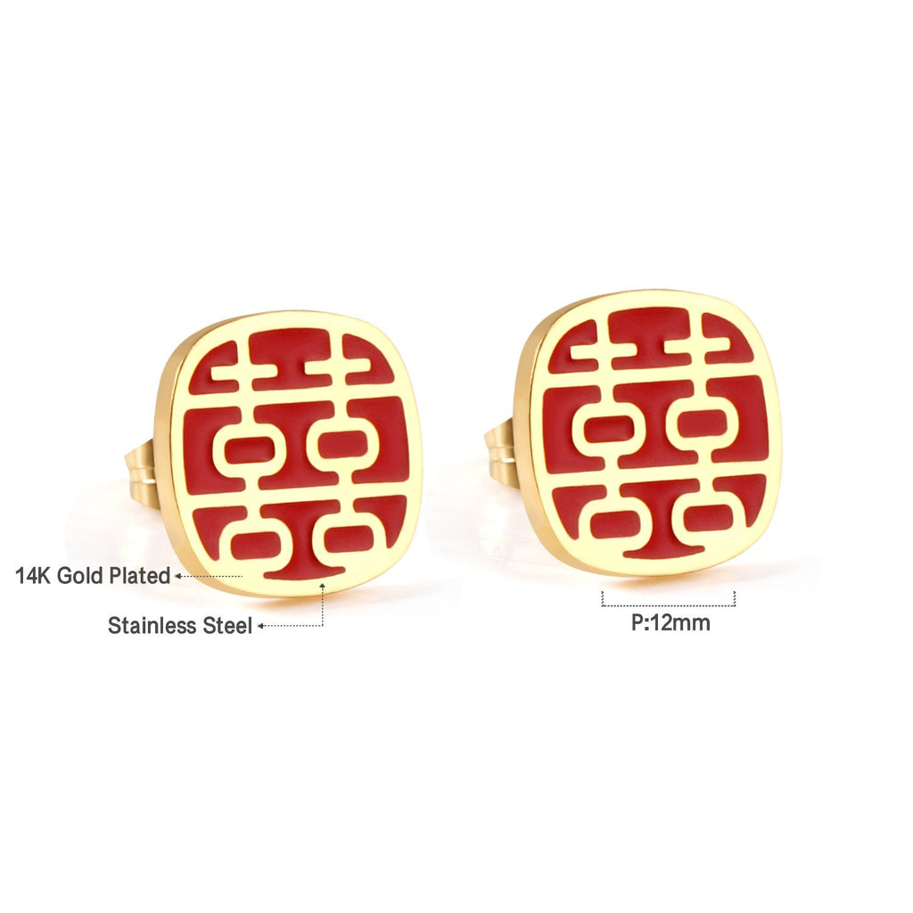 ASON Fashion Chinese Characters Stud Earrings Gold Color 316L Stainless Steel Lucky Word Earrings Women Wedding Jewelry