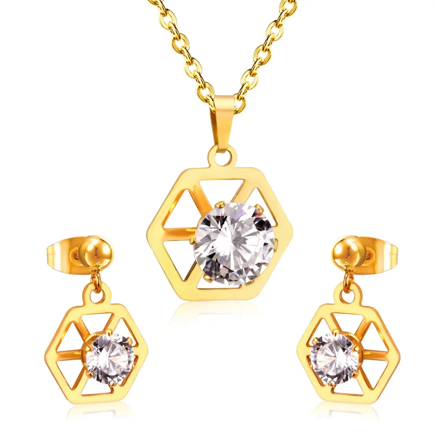 Hexagon With Cubic Zircon Pendant Necklaces Earrings Sets For Women Party Jewelry Set Factory Direct parures bijoux asonjewelry
