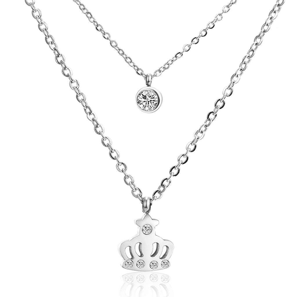 ASON  Necklaces Stainless Steel Round Cubic Zirconia Pendant Necklaces Gold Color Double Chainlaces Party Gift Chokers