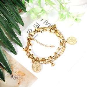 ASON – Bracelet à breloques en forme de pièce de couleur or, chaîne multicouche en acier inoxydable avec rallonge, bijoux à la mode pour femmes et filles