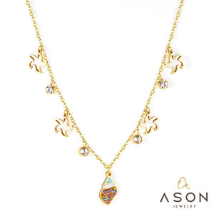 ASON Gold Color Conch and Star Pendant Chain with Cubic Zirconia Stainless Steel Necklace for Women Jewelry Accessories
