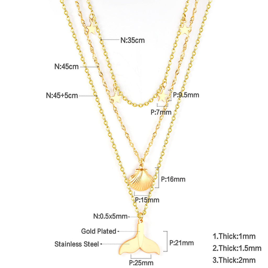 ASON 316L Stainless Steel Shell Fish Tail Pendant Multi Layer Necklace Star Choker for Women Party Gift Fashion Jewelry