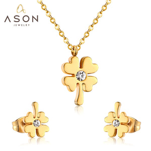 ASON flor Cubic Zirconia cadena colgante collar Piercing pendientes conjuntos de joyería Color oro acero inoxidable para mujer