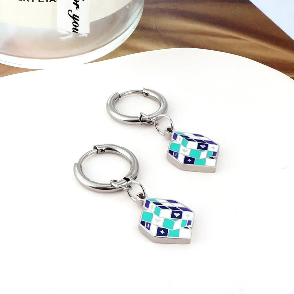 Magic Design Square Rubik's Cube Charms Pendient Earrings Stainless Steel Drop Jewelry On Ear aretes de mujer Gifts asonjewelry