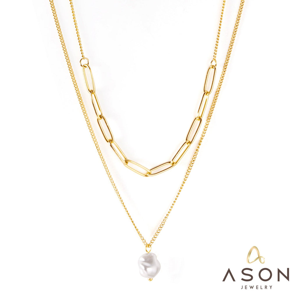 ASON Stainless Steel Trendy Double Chains Necklace With Pearl Pendant Necklace Gold Color For Women Jewelry Party Gift