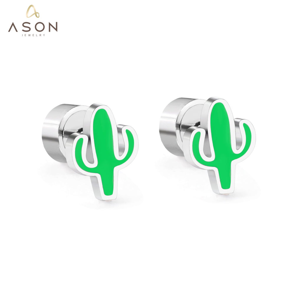 ASON Lovely Children's Ear Stud Silver Color Stainless Steel Green Cactus Cartoon Stud Earrings for Girl Gifts Jewelry