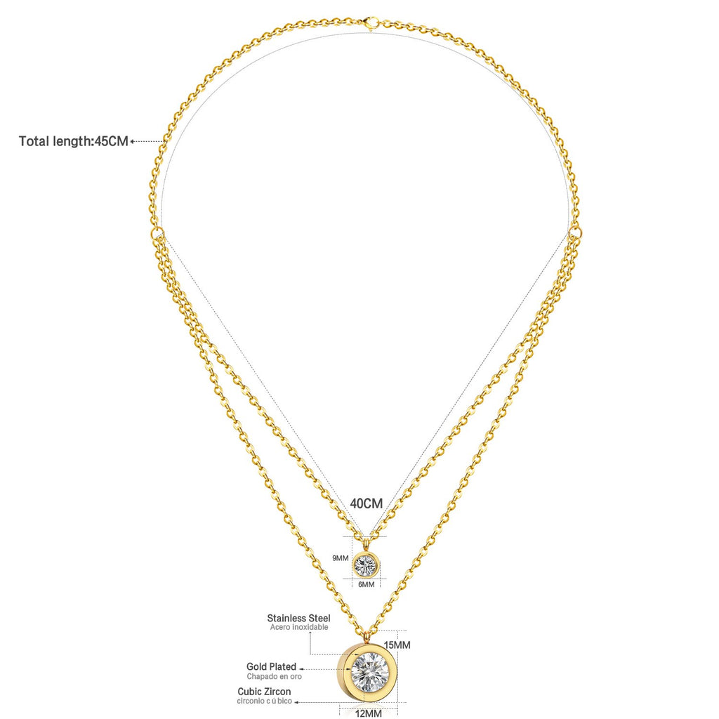ASON Classic Style Round Cubic Zirconia Stainless Steel Multi-layer Chains Pendants Necklaces For Women Wedding Wholesale