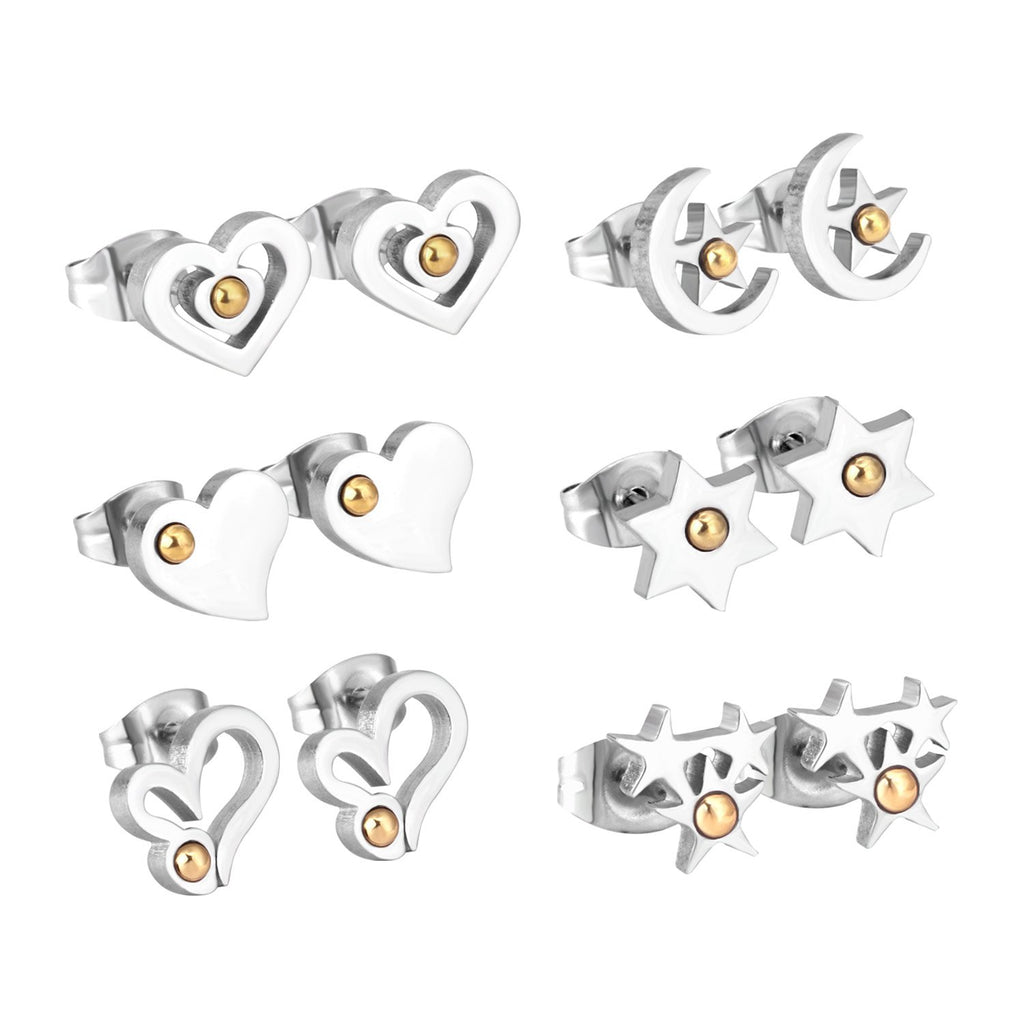 ASON 6pairs/Box Star/Heart Shape with Ball Small Piercing Stud Earring Stainless Steel Silver Color Earrings Set For Women