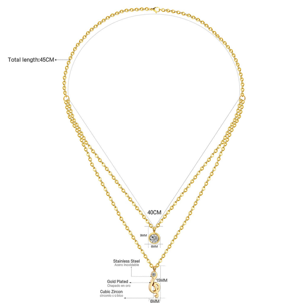 ASON Jewelry Gold Color Double Chain Necklaces Collars Jewelry Stainless Steel Round Cubic Zirconia Daily Pendants Chokers