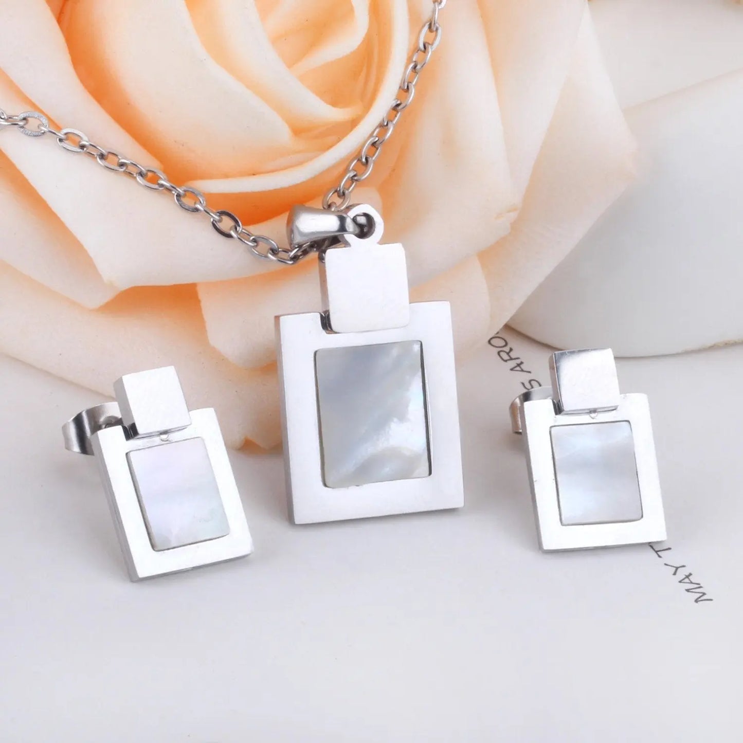 Cute Style Square Shell Necklace Earring Sets For Women Girl Jewelry Sets With 45cm Chain 2 Color Choker Necklaces asonjewelry