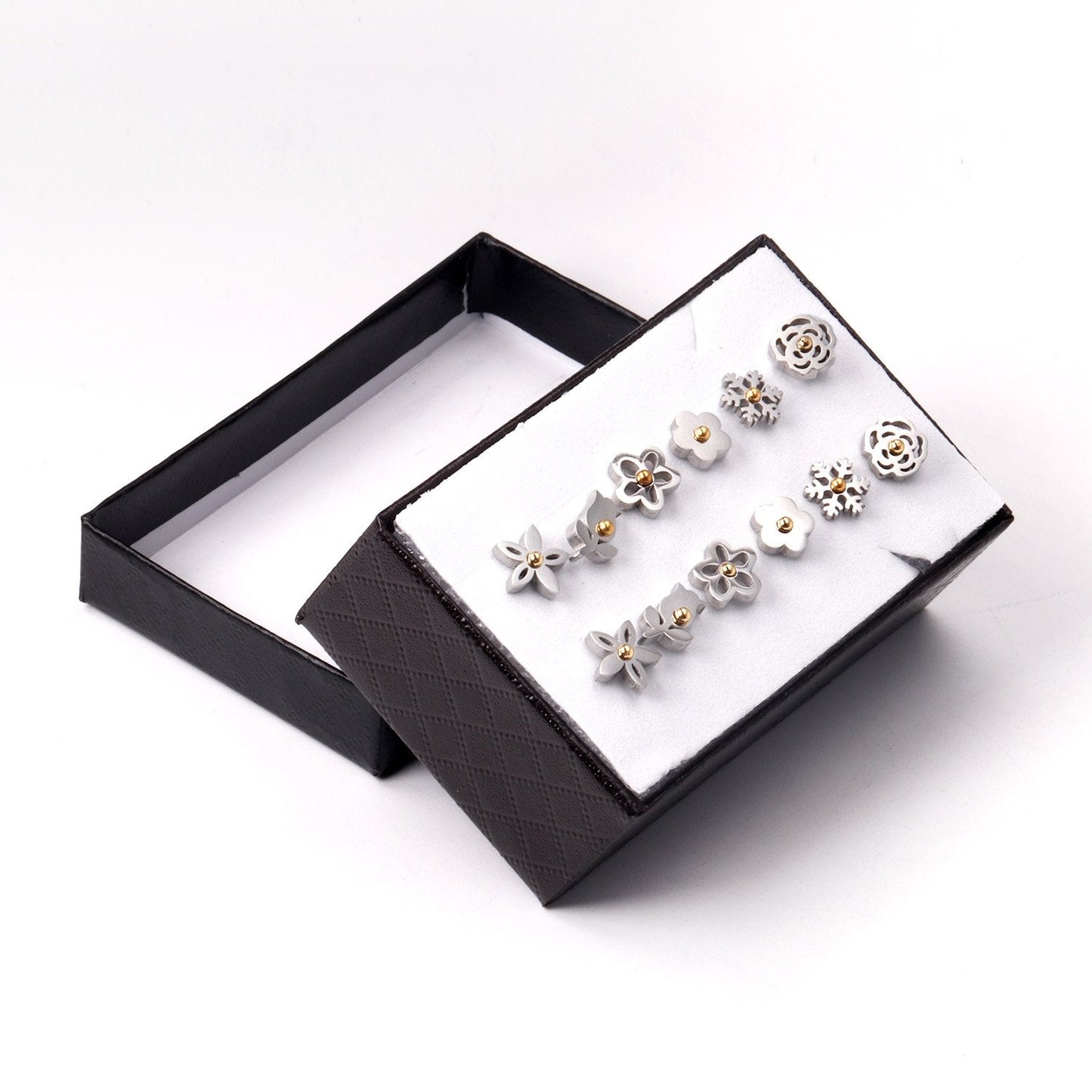 ASON 6pairs/Box Flower with Ball Classic Piercing Stud Earrings Set Stainless Steel Silver Color Fashion Jewelry for Women asonjewelry