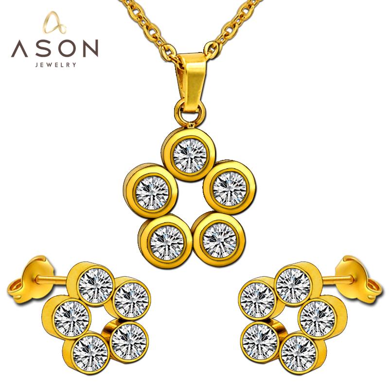 ASON 316L Stainless Steel Zircon Gold Bridal Wedding Jewelry Sets for Women Round Necklace Pendant Small Stud Earring asonjewelry