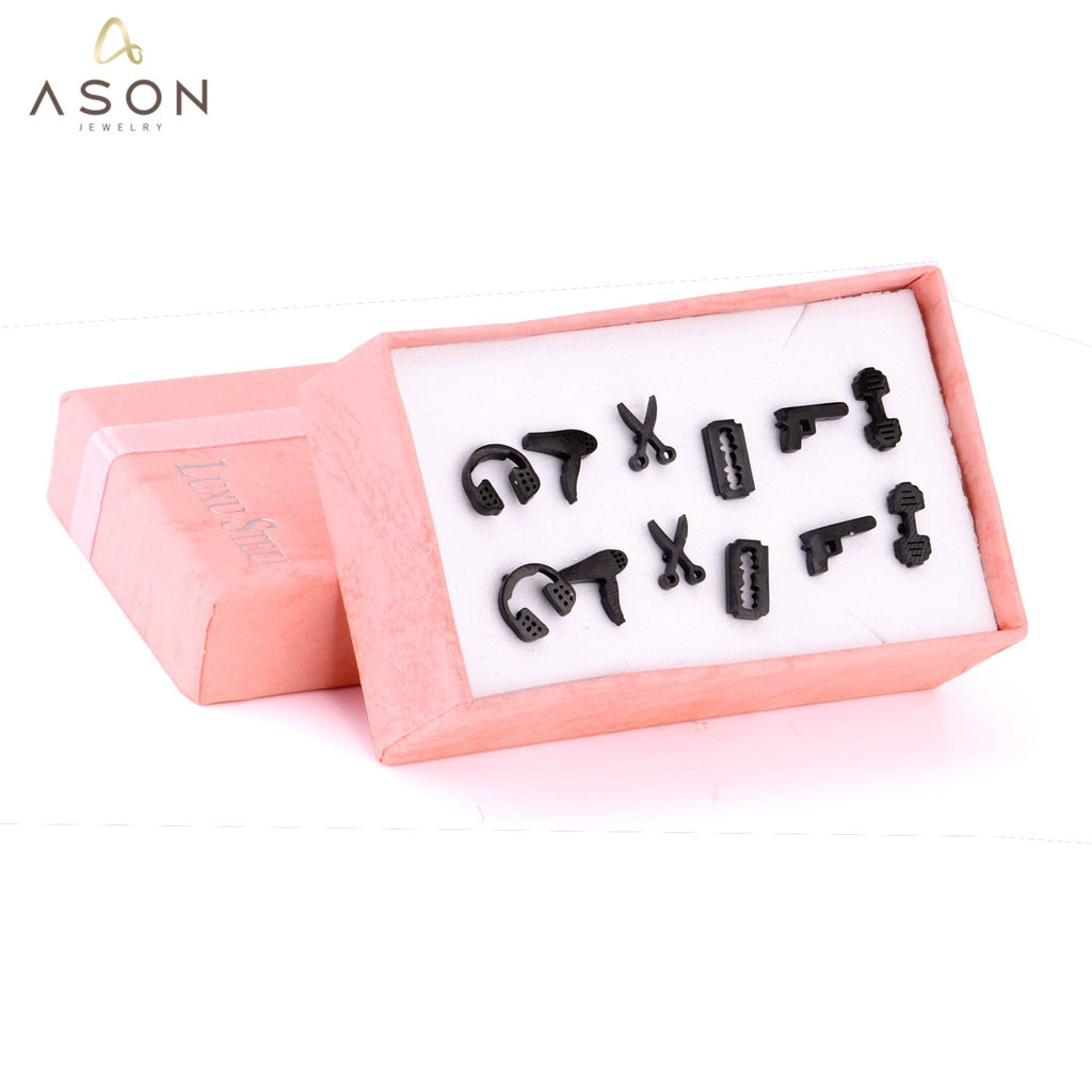 ASON 6Pairs/Box Titanium Earrings Hiphop Jewelry Stainless Steel Mixed Shape Black Color Piercing Stud Earrings Men Women