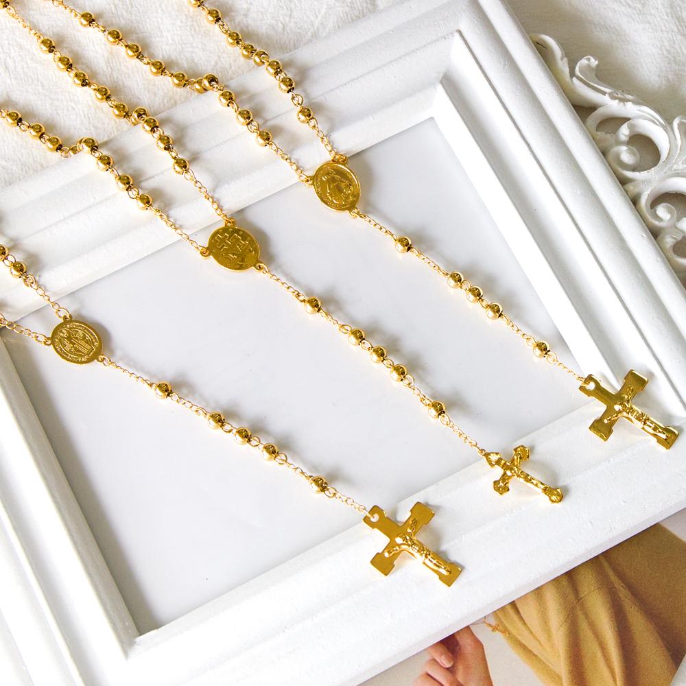 ASON Long Scapular Catholic Rosaries Beads Christian Cross Pendant Necklaces Stainless Steel for Women Men Jewelry Chokers