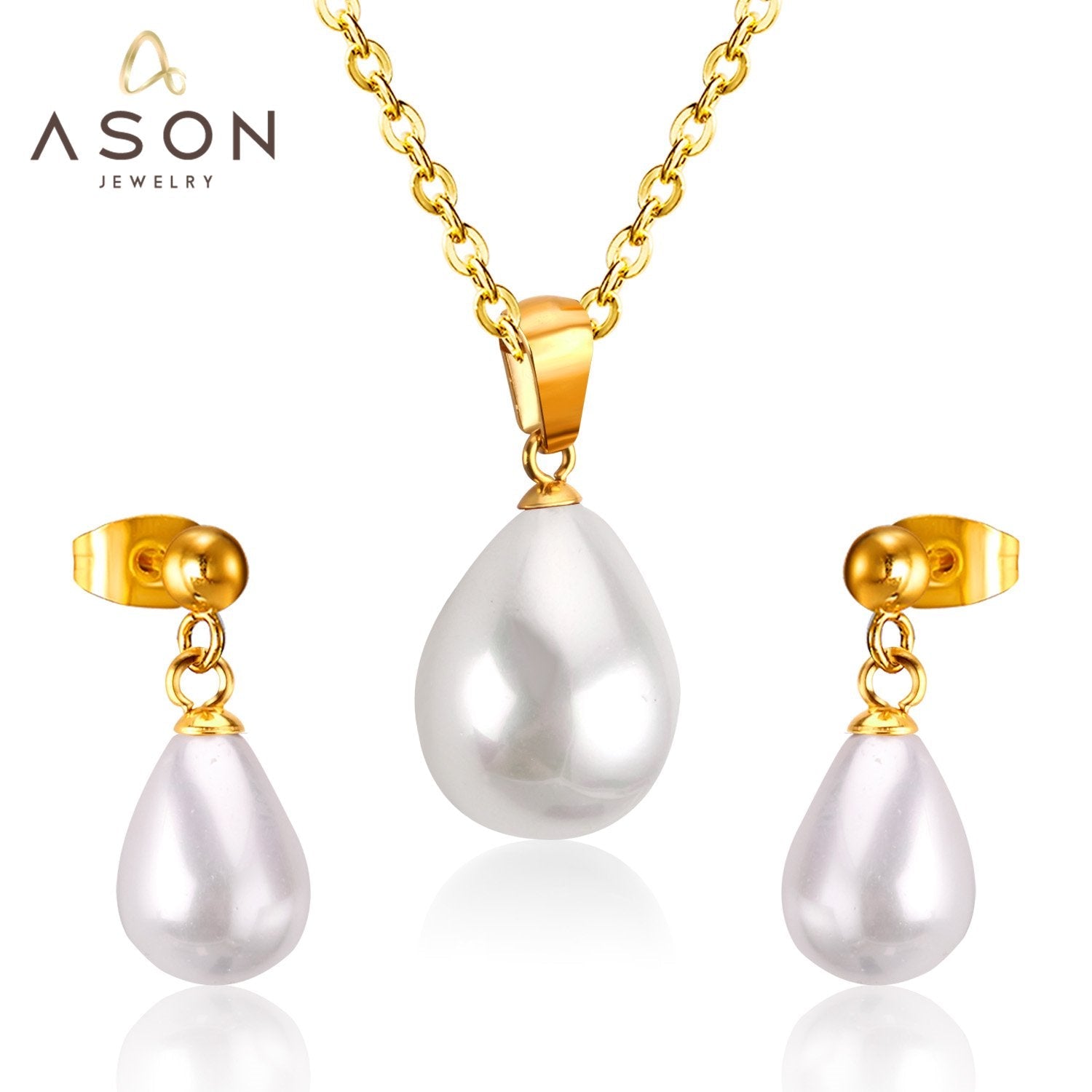 ASON Vintage Bridal Water Drop Pendant Necklace Small Stud Earrings Jewelry Set Gold Color Stainless Steel for Women Trendy asonjewelry