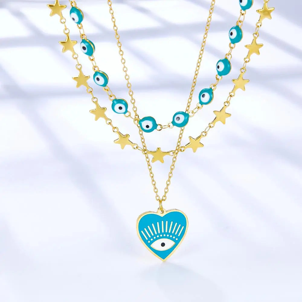 Triple Layered Green Necklaces Heart Eyes Pendant Collier For Trendy Woman Aesthetic Stars Chains Evil Eyes Choker asonjewelry