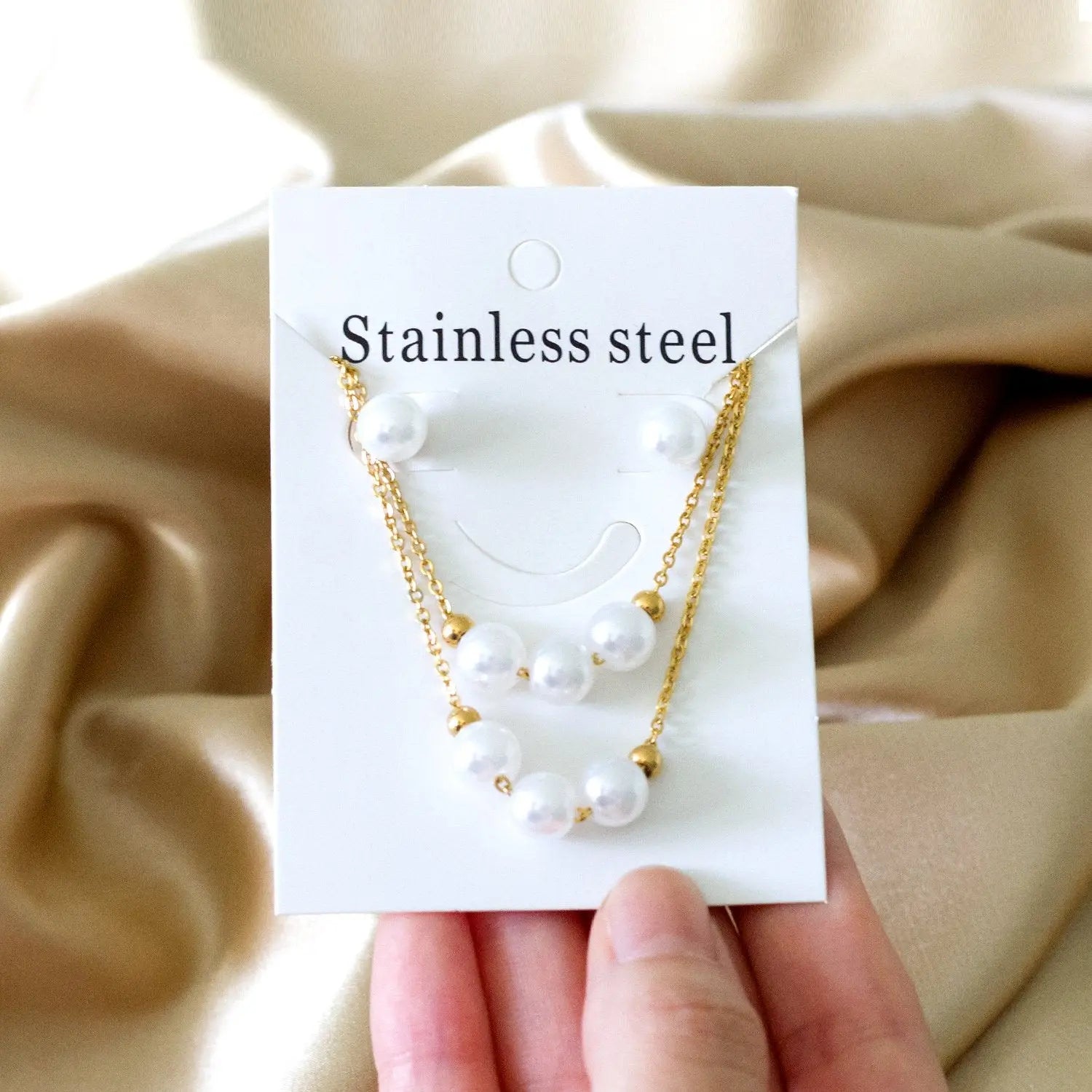 White Pearl Pendant Necklaces Stainless Steel Double Chains Earrings Set For Ladies Party Jewelry Sets bijoux femme asonjewelry