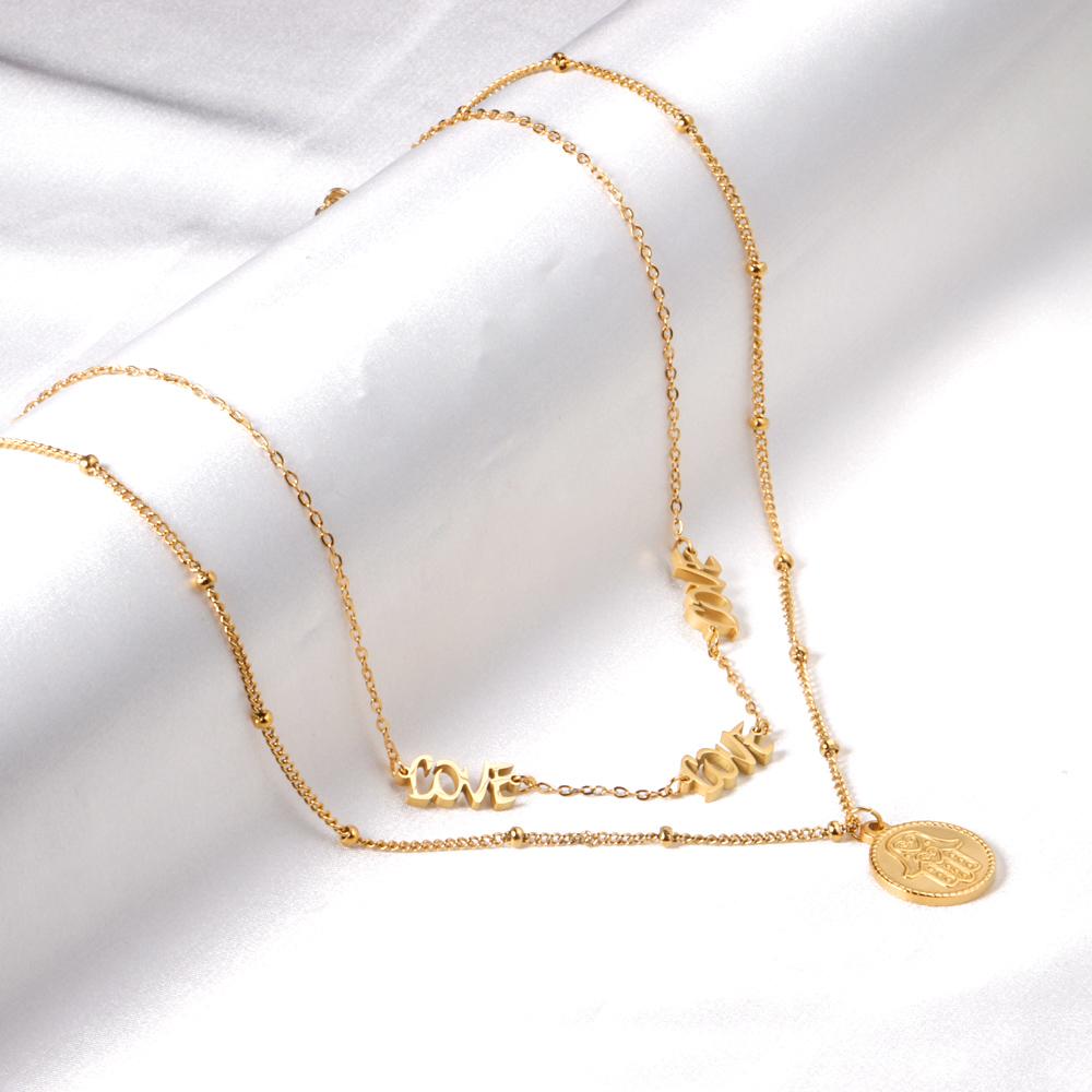 ASON Gold Color Hamsa Hand Round Pendant Multi-layer Necklace Stainless Steel Fatima Choker for Women Men Fashion Jewelry asonjewelry