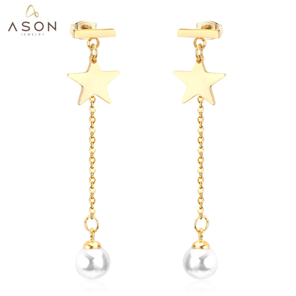 ASON – boucles d'oreilles en forme de goutte d'imitation de perles, pendentifs étoiles, chaîne à maillons longs, cadeau féminin, accessoires de mariage