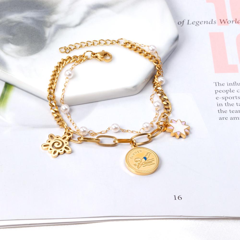 ASON Gold Color Imitation Pearl Multi-layer Bracelet Stainless Steel Bangle with Star Pendant 18+3cm Women Fashion Jewelry asonjewelry