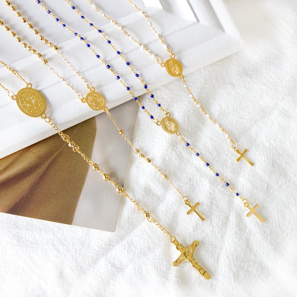 ASON Long Scapular Catholic Rosaries Beads Christian Cross Pendant Necklaces Stainless Steel for Women Men Jewelry Chokers