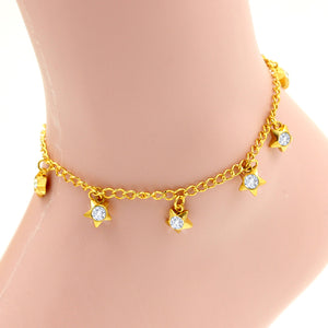 Pentagram shaped soft anklet in yellow gold with multicolored white diamonds