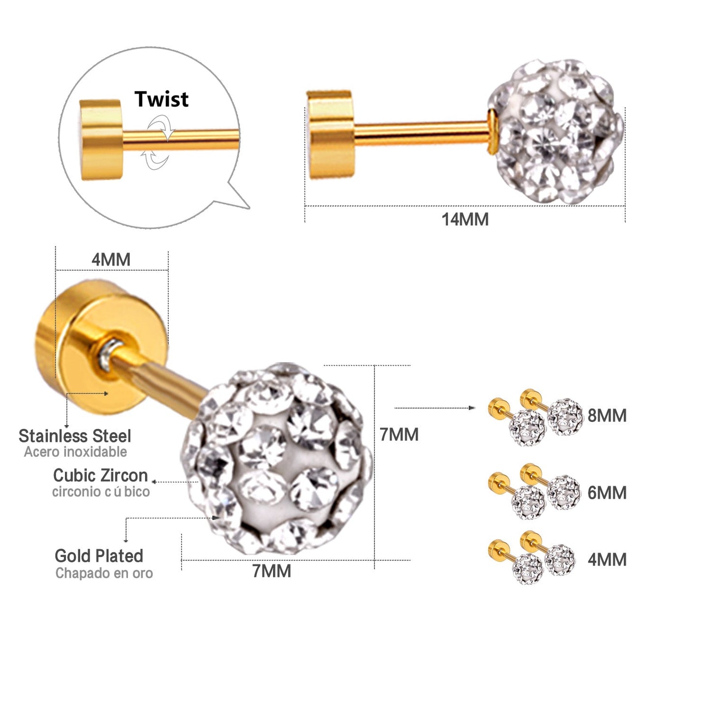 4mm/6mm/8mm Gold/Steel Shambhala Mixed Color Plugs asonjewelry