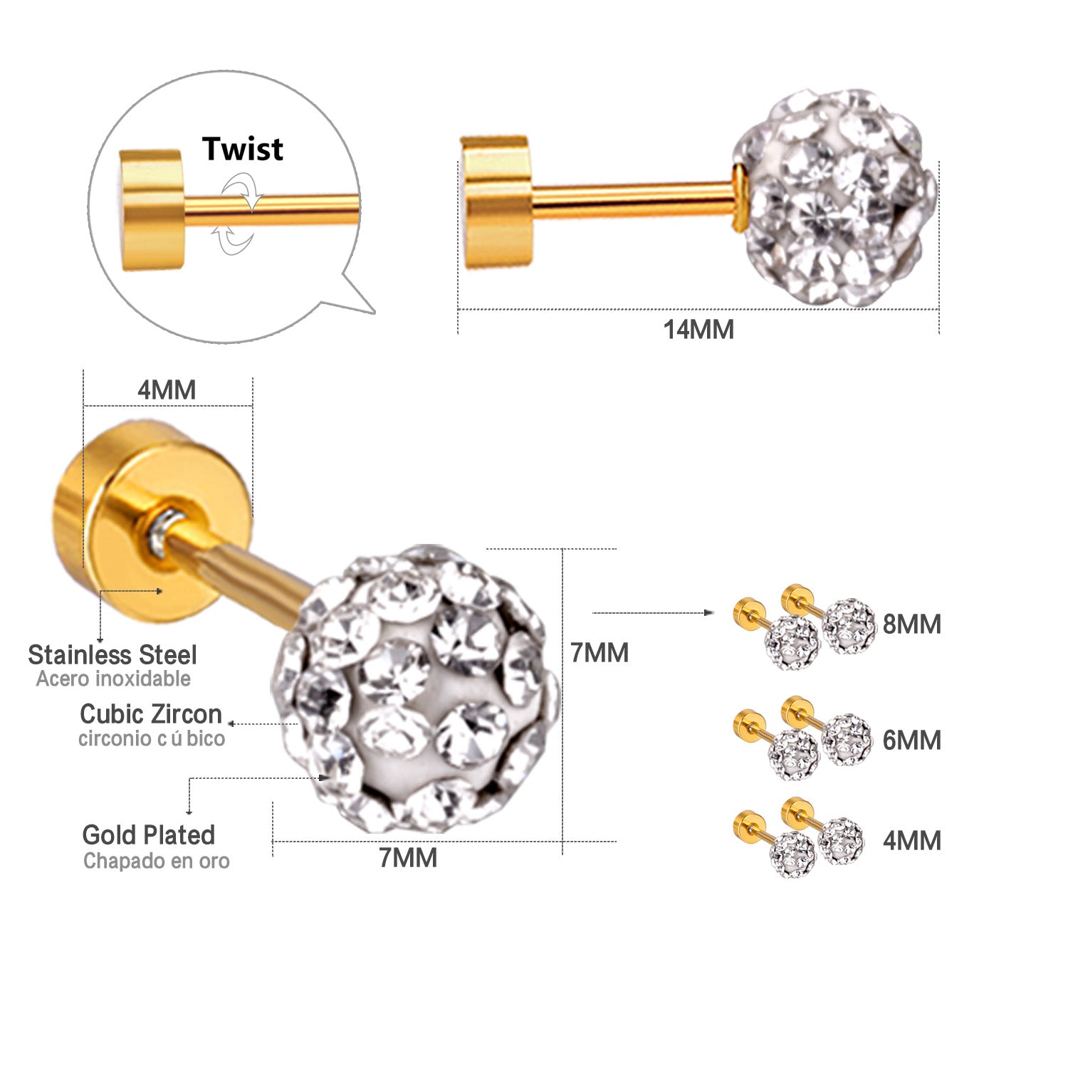 4mm/6mm/8mm Gold/Steel Shambhala Mixed Color Plugs asonjewelry