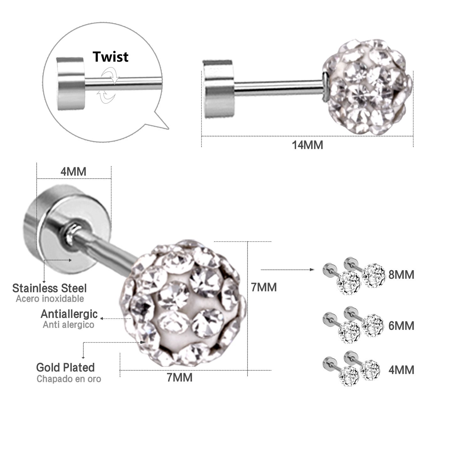 4mm/6mm/8mm Gold/Steel Shambhala Mixed Color Plugs asonjewelry