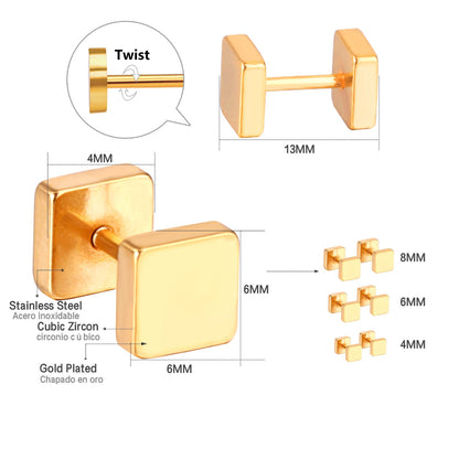 4mm/6mm/8mm Gold-Steel Square Cake Plugs asonjewelry