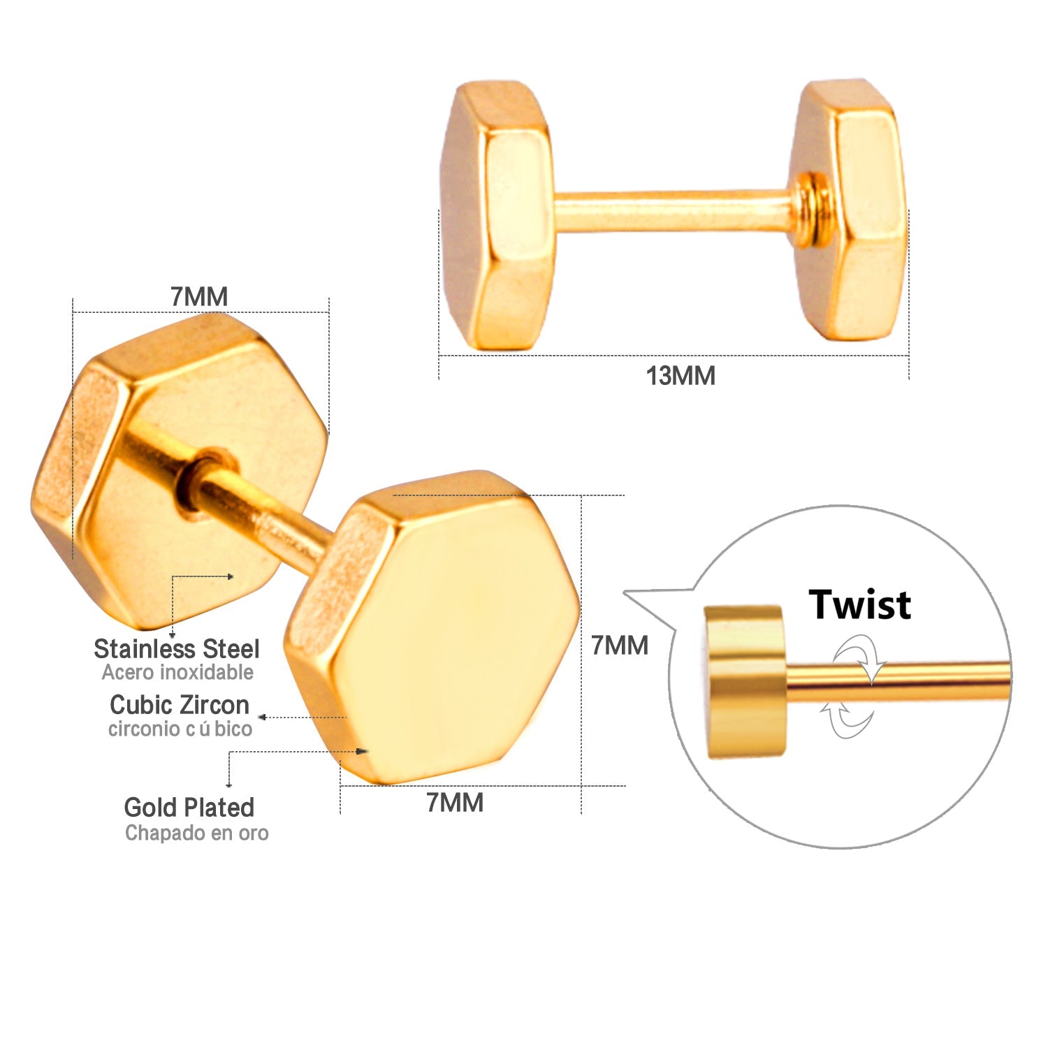 12 pairs 7mm Steel/Gold/Black Hexagonal Plugs asonjewelry