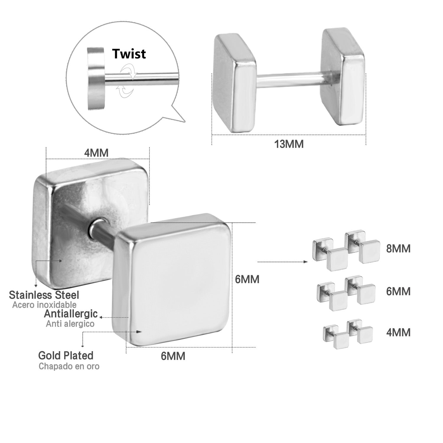 4mm/6mm/8mm Gold-Steel Square Cake Plugs asonjewelry