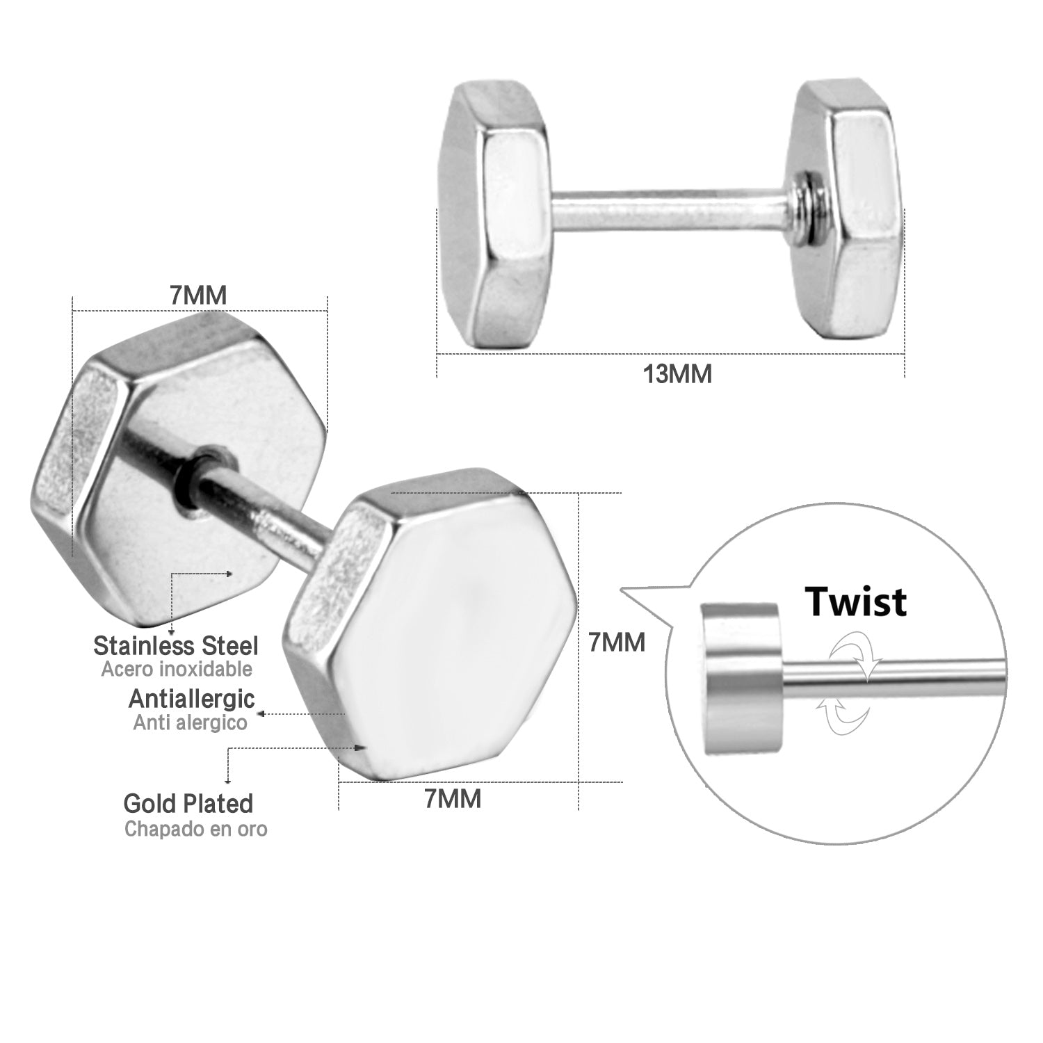 12 pairs 7mm Steel/Gold/Black Hexagonal Plugs asonjewelry