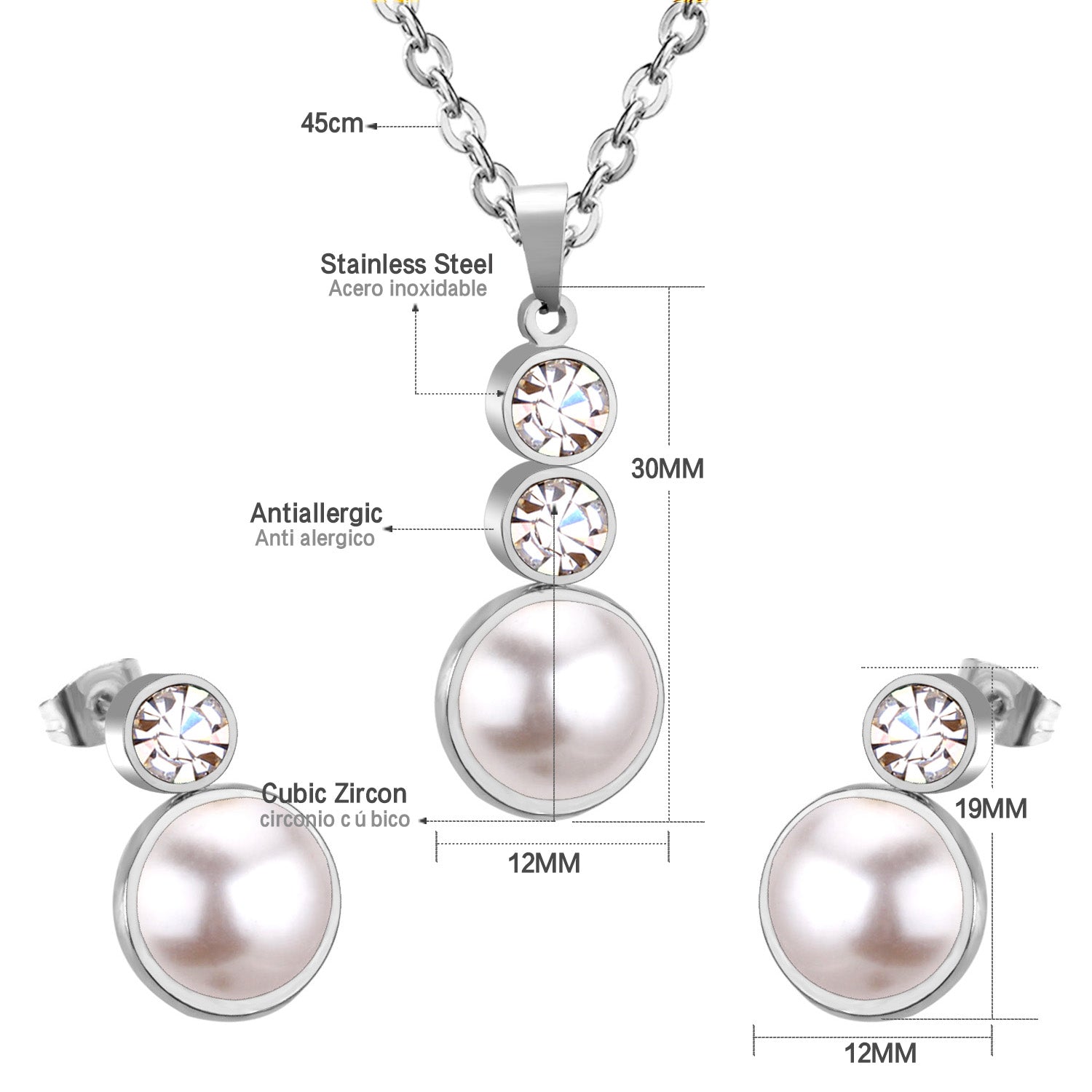 Gold/steel-colored sticky pearls set + two small round cakes topped with diamonds asonjewelry