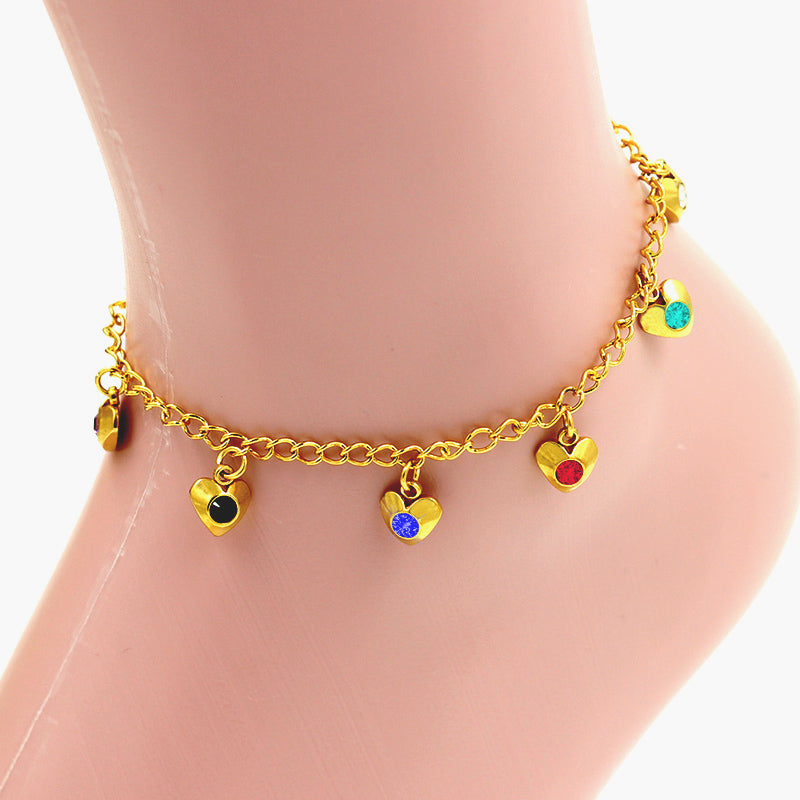 Multicolor Heart Charms Yellow Gold Soft Anklet asonjewelry