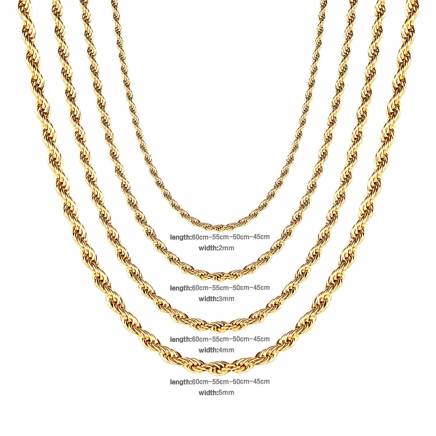ASON 10pcs/bulk long necklace collar 3mm*45cm & 4mm*45cm twisted matching chain steel color & gold color stainless steel necklace wholesale asonjewelry