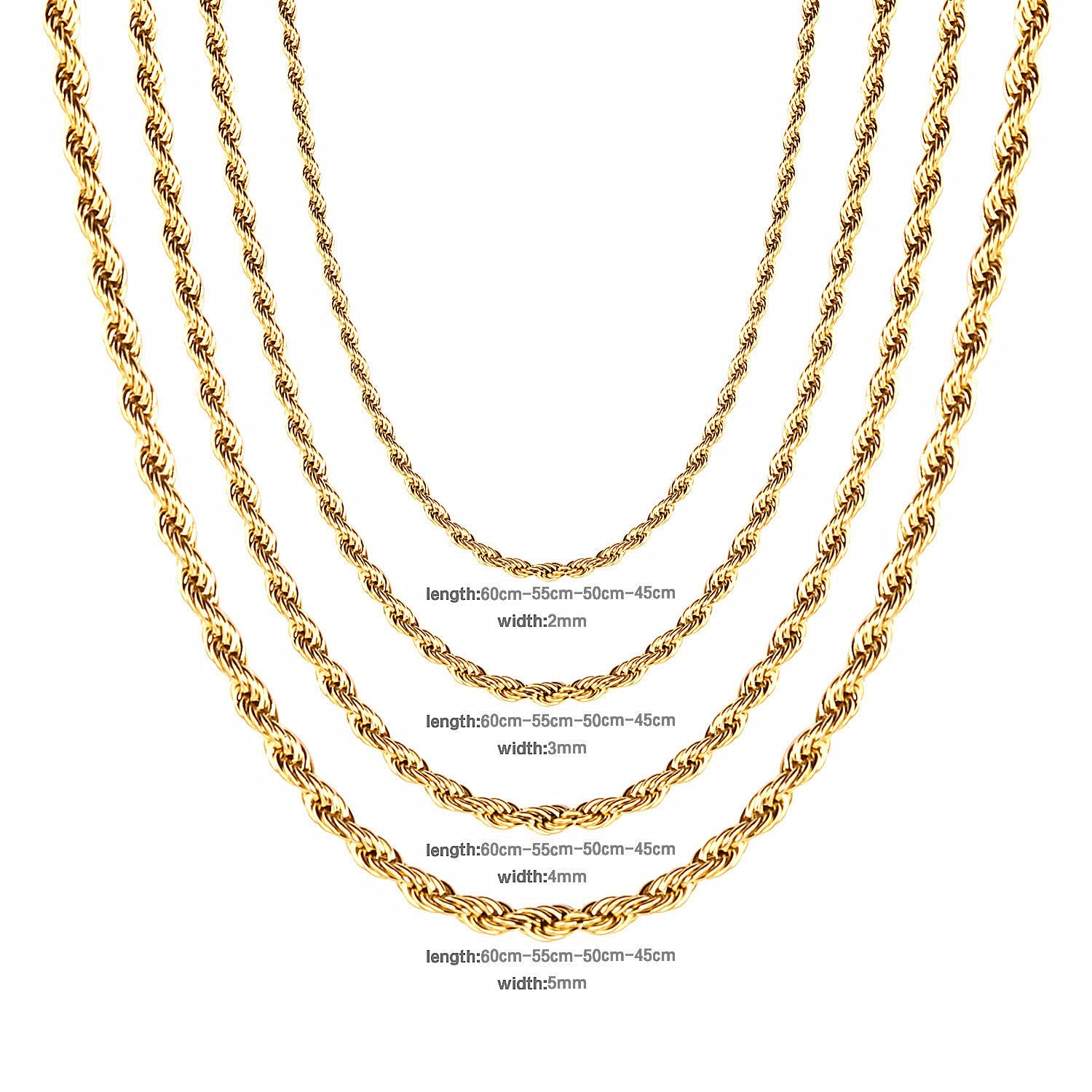 ASON 10pcs/bulk long necklace collar 3mm*45cm & 4mm*45cm twisted matching chain steel color & gold color stainless steel necklace wholesale asonjewelry
