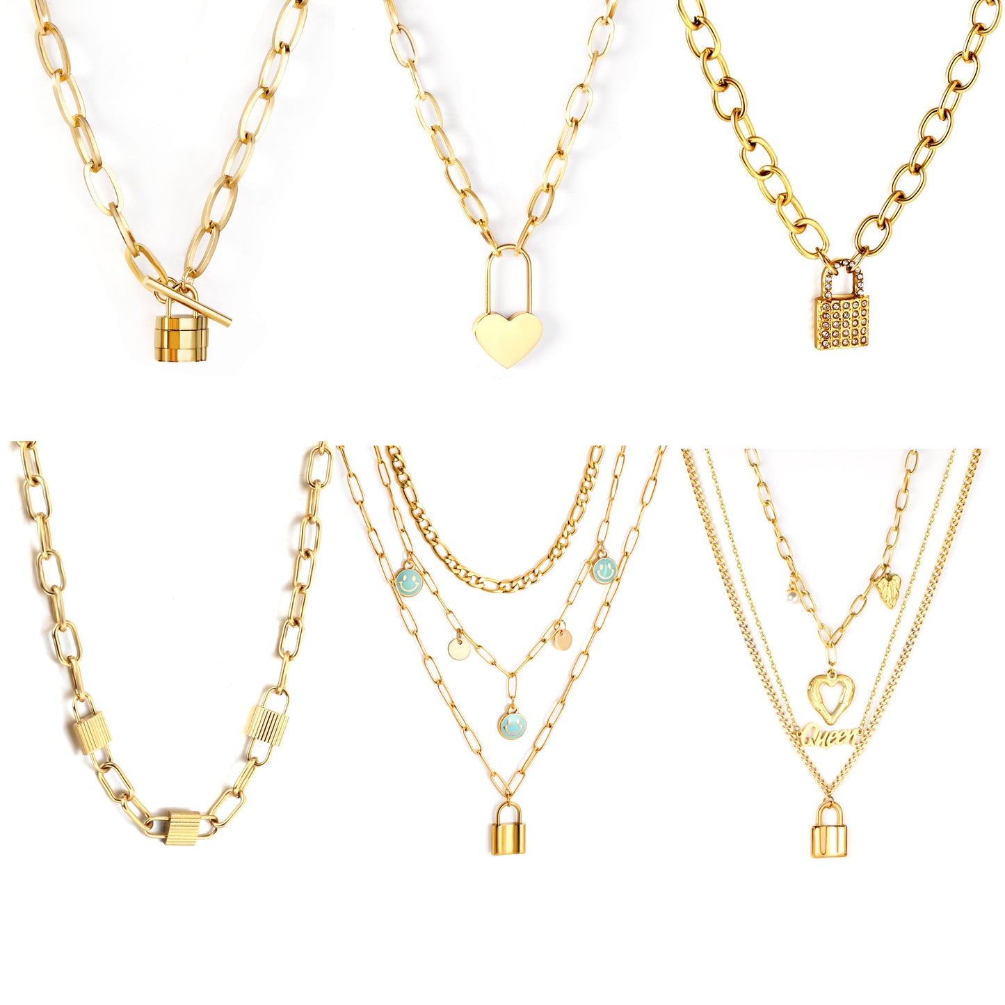 3 lake blue smiley + two round pieces + locking accessories triple chain with diamonds 55+40+35+10cm gold color asonjewelry