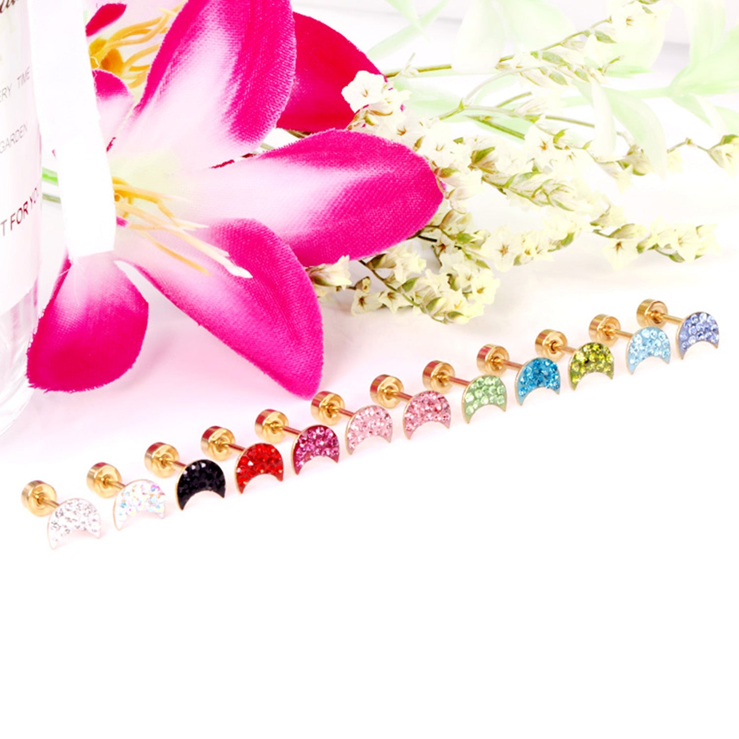 12 pairs steel/golden moon shaped ombre screwback stud earrings asonjewelry