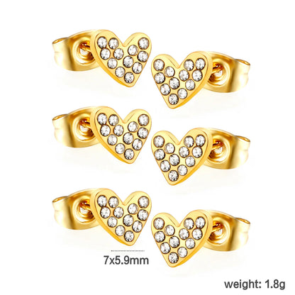3 PCS 7*5.9mm Heart-shaped White Diamond Plain Post Stud Earrings - Steel & Gold