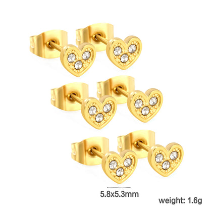 3 PCS 5.8*5.3mm Heart-shaped White Diamond Adhesive-set Plain Post Stud Earrings - Steel Tone & Gold Tone