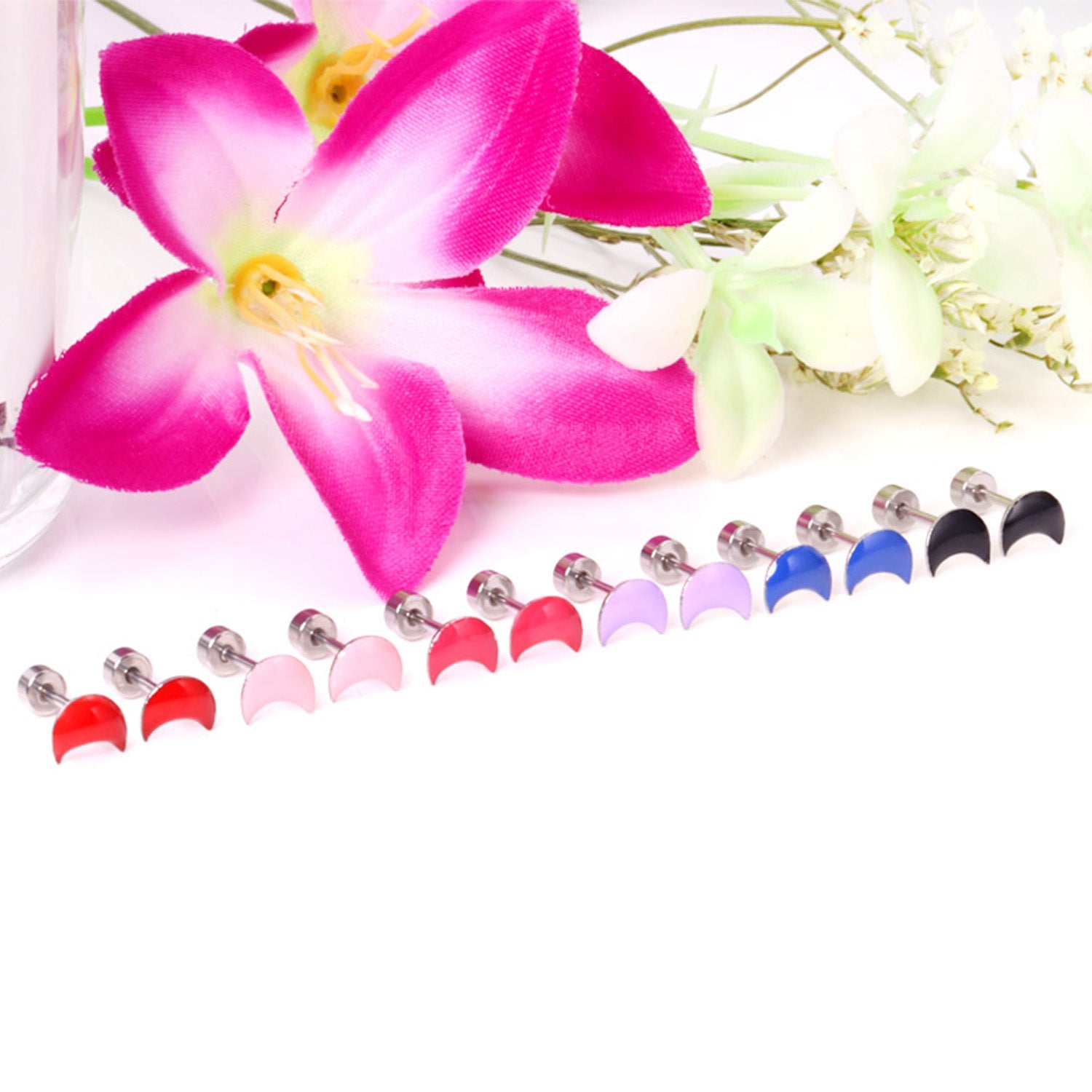 12 pairs Steel / Goldtone Moon Shaped Mixed Color Screwback Earrings asonjewelry