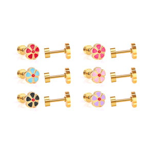 12 pairs 6.5mm Steel / Gold Flower Mixed Color Screwback Stud Earrings