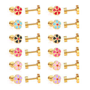 12 pairs 6.5mm Steel / Gold Flower Mixed Color Screwback Stud Earrings