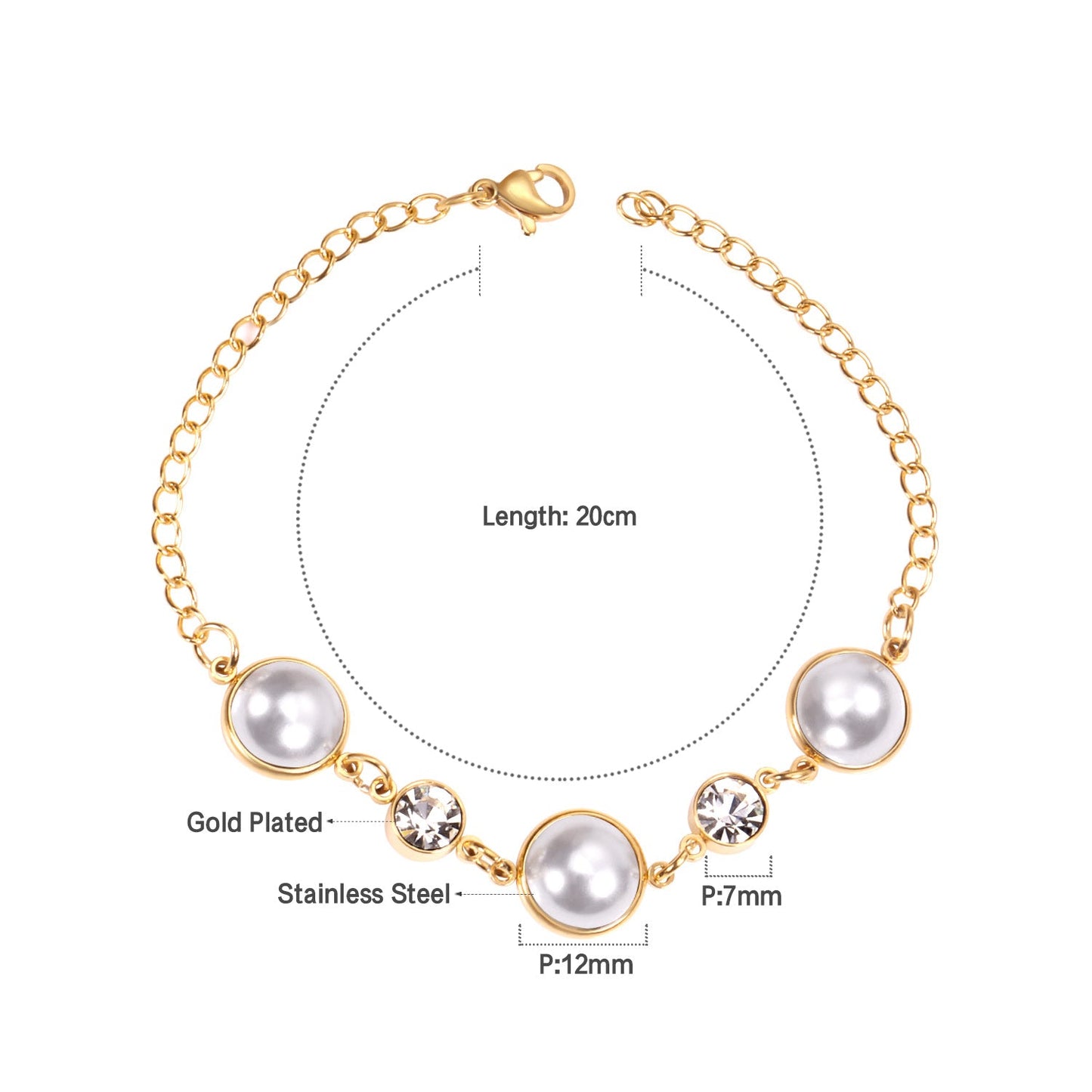 Golden White Pearls with Diamonds Bracelet 20cm asonjewelry
