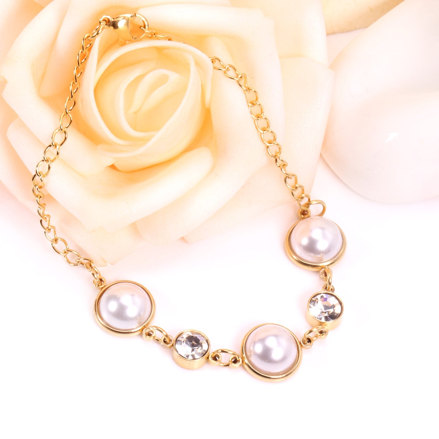 Golden White Pearls with Diamonds Bracelet 20cm asonjewelry